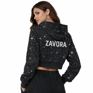 เสื้อฮู้ดครอปซิปสำหรับผู้หญิง ผ้าฝ้ายฟลีซ ลายเพชรเต็มตัว สไตล์สตรีทแวร์ มีเชือกผูก ฮู้ดแบบครอปท็อป เสื้อผ้ากีฬา - Product Image 3