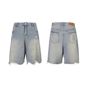 Shorts de mezclilla de cintura alta con rotos y tachuelas, de pierna ancha, estilo casual para verano - Product Image 6