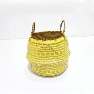 New Design Durable Circle Palm Leaf Belly <b>Basket</b> Yellow Woven Storage Bin <b>Foldable</b> with Handle - Product Image 4