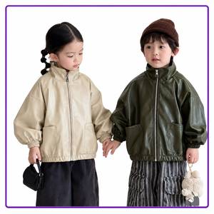 Suprex <b>Kids</b> PU Leather Bomber Jacket Puff Sleeve Solid Color Zipper Stand Collar Autumn Windproof Outerwear - Product Image 5