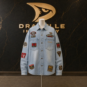 Cotton Denim Button Down <b>Bleached</b> Blue Grandprix Shacket With Racing Emblem Applique Unisex Hypebeast Apparel Bulk - Product Image 1