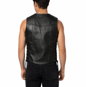 Men's Genuine Leather Vintage Windproof Cotton Filled V-neck Biker <b>Vest</b> OEM ODM Wholesale Lace Side Motorcycle Riding Outer Wear - Product Image 3