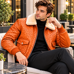 Herrenjacke mit Lederstruktur-Effekt und dekorativen Nieten, cremefarbenem Fellkragen, Pattentaschen und hochwertigem Bomber-Schnitt. - Product Image 6