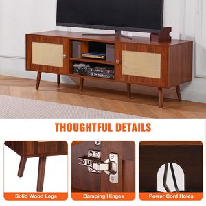 Metà del secolo moderno 65 pollici TV Stand Boho Rattan & noce armadietto ripiani regolabili costruire-in porte USB per soggiorno Media Room - Product Image 6