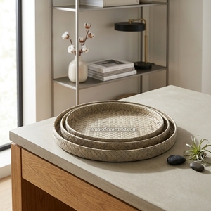Plateau de service rond en Pandanus, couleur naturelle, fait main, élégant, Asie, Indonésie, lot de 3, décoration de Noël - Product Image 6