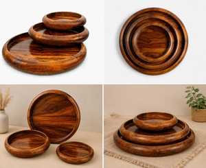 Ensemble de 3 plateaux de rangement ovales en bois, finition polie, empilables, design classique, compatibles lave-vaisselle, multifonctionnels pour la cuisine - Product Image 5