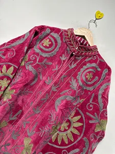Boho Purple <b>Velvet</b> Suzani <b>Jacket</b> with Floral Embroidery Full Sleeve Stand Collar <b>Women's</b> Winter Outerwear - Product Image 4