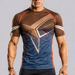 Men's <b>Brown</b> Blue Geometric Compression Shirt Short Sleeve Quick Dry Polyester Rash Guard Top - Product Image 1