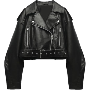 <b>Women</b>’s Faux Leather Cropped Biker <b>Jacket</b>, Lapel <b>Zip</b>-<b>Up</b> Short Coat with Belt, Slim Fit Motorcycle-Style Outerwear - Product Image 2