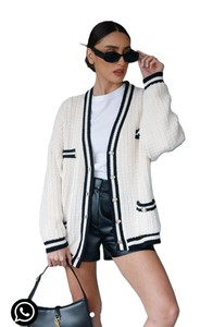 Cárdigan de punto para mujer, manga larga, cuello en V, estilo preppy, doble botonadura, transpirable, grueso, hombros caídos, verde - Product Image 4