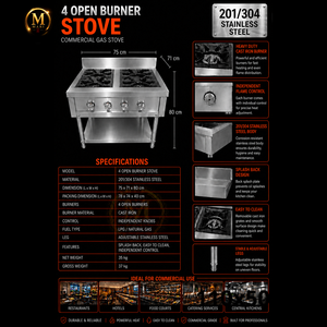 Estufa de Gas de Acero Inoxidable de Alta Calidad, Fabricada en Malasia, con 4 Quemadores Abiertos, para Cocina Comercial, Restaurante, Cafetería - Product Image 6