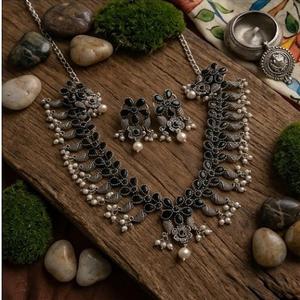DIVYORO Women's Oxidized <b>Silver</b> Zircon Floral <b>Choker</b> and Earrings Set-Adjustable Length for Wedding Occasions - Product Image 3