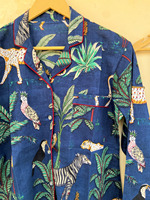 Ensemble pyjama 3 pièces à manches longues pour femme, 100 % coton, imprimé jungle, col en V, fermeture boutonnée, écoresponsable, fait main en Inde, idéal pour l'été