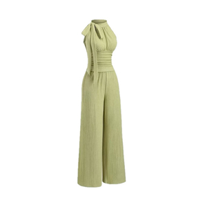 Women Summer <b>Casual</b> Short Sleeve V Neck High Waist Breathable <b>Wide</b> <b>Leg</b> Full Length Solid 100% Polyester <b>Jumpsuit</b> with Pockets - Product Image 1