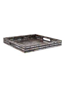 Plateau de service rectangulaire artisanal en nacre avec incrustation de coquillages, motif mosaïque linéaire, côtés surélevés et poignée intégrée - Product Image 5