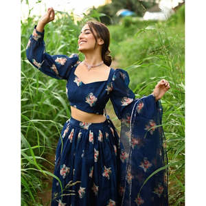 Conjunto de Lehenga Choli de Organza Azul Brillante Ecológico para Mujer, Manga Larga, Estampado Digital, para Todas las Temporadas, Boda, Corte Regular, Talla XS - Product Image 3