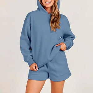 Ensemble short et sweat à capuche bleu pour femme, coupe ample, décontracté, deux pièces, logo personnalisé, couleur unie, printemps-été - Product Image 1
