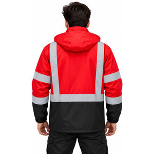 Chaqueta de Trabajo Reflectante de Alta Visibilidad Unisex, Diseño Personalizado, con Capucha, Roja y Negra, Ropa de Trabajo de Seguridad - Product Image 4