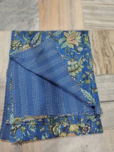 Handmade Kantha Quilt Reversible Cotton Blanket Blue Floral Pattern <b>Bedspread</b> Home Decor Gift for Her - Product Image 2