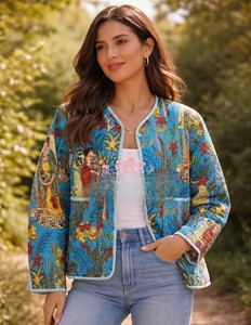 Chaqueta de punto floral reversible corta acolchada de algodón azul turquesa hecha a mano de primera calidad para mujer con estampado a mano - Product Image 3