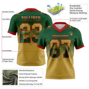 เสื้อฟุตบอลอเมริกันสีเขียวทองขายดีที่สุด ผลิตจากโพลีเอสเตอร์ 100% ผ้าตาข่ายแบบเบิร์ดอาย  รับสกรีนโลโก้ ชื่อทีม และหมายเลขผู้เล่น ไซส์ XS-7XL - Product Image 2