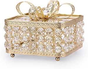 <b>Gold</b> Crystal Beaded Jewelry Box <b>Rectangular</b> Hinged Lid Storage Case Footed Keepsake Organizer <b>Mirrored</b> Base Metal Trinket Chest - Product Image 5
