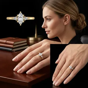 Bague de fiançailles en diamant de laboratoire taille marquise 0,95 carat certifiée IGI, plaqué or jaune 14k 18k, artisanale, de luxe, pour mariage - Product Image 1