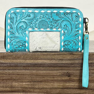 Mini bolso con diseño de girasol, de cuero genuino de vaca, hecho a mano, con cremallera turquesa y patrón, para uso diario de mujeres. - Product Image 5