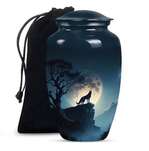 Urne funéraire noire avec motif de trois loups et scène de nuit de pleine lune, fournitures funéraires, urne commémorative avec couvercle en métal, urne durable - Product Image 4