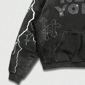 Oversized Acid Wash <b>Rhinestone</b> Hooded Fleece <b>Jacket</b> 100% Cotton Regular Fit Quick Dry - Product Image 6