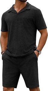 Ensemble polo et short pour homme URRU, tenues d'été, plage, tissu éponge, manches courtes, ensemble court 2 pièces pour homme - Product Image 5