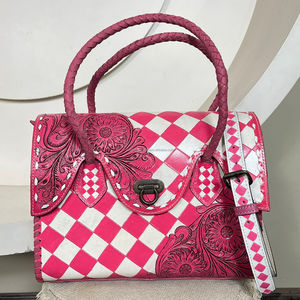 Latest Checkered Luxury Hand Tooled Genuine Cow Leather Crossbody Tote Bag <b>Large</b> Capacity Elegant Shoulder <b>Purse</b> for Women - Product Image 4