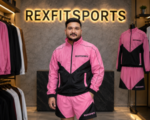 REXFIT SPORTS 2026 Custom <b>Men</b>’s Pink Black Nylon Hooded <b>Jacket</b> and Shorts Set Full Zip Sportswear Private Label - Product Image 2