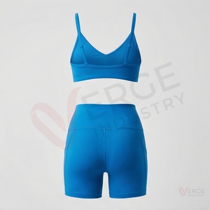 <b>Women</b> <b>Blue</b> Yoga 2 Piece Set V Neck Spaghetti Strap Crop Top High Waist <b>Shorts</b> Solid Sportswear - Product Image 2