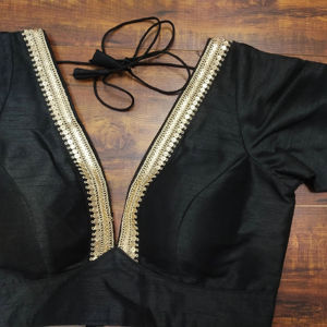 Navy Blue 100% Polyester Woven Elegant V Neck Short Sleeve Saree Blouse for Autumn/Winter/Spring/Summer <b>Wedding</b> Crop <b>Top</b> - Product Image 1