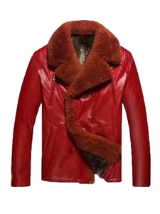 Chaqueta de Cuero Roja con Forro de Borrego para Hombre, Elegante - Product Image 1