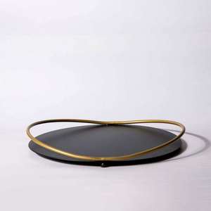 Luxurious Minimalist <b>Round</b> Metal Storage <b>Tray</b> with Gold Plated Handle Black Matte Finish for <b>Table</b> Organization - Product Image 1