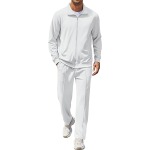 Men's <b>White</b> Knitted <b>Tracksuit</b> Set Solid Color Casual Wear Breathable Polyester Fabric Stand Collar Spring Style - Product Image 2