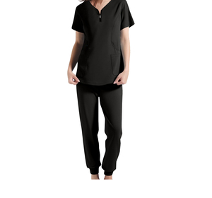 <b>Women</b> and men Black <b>Scrub</b> <b>Set</b> Cotton Polyester Knitted Hospital Uniform Pants V-Neck Top with Pockets Wholesale - Product Image 1