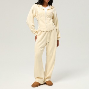 Ensemble de survêtement décontracté à capuche pour femme, couleur unie, manches longues, coupe ample, 100 % coton, pour l'automne, en vente en ligne - Product Image 1