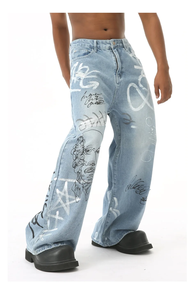 Wide Leg Denim <b>Jeans</b> High Waist Loose Fit Hand Painted Graffiti <b>Ripped</b> Distressed Streetwear Spring Cotton Woven Midweight - Product Image 3