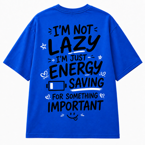 Camiseta Casual Azul para Mujer, Cuello Redondo, Manga Corta, Corte Holgado, 100% Algodón, Diseño con Letras Impresas, Eslogan de Ahorro de Energía - Product Image 1