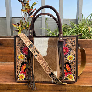 Sac fourre-tout en cuir repoussé fait à la main pour femmes Wester cheveux sur peau de vache sac à main floral grande capacité dissimulé transporter sacs à bandoulière - Product Image 3
