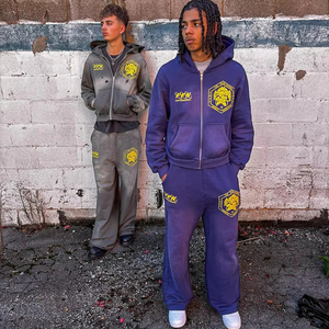Men's Full Zip Hooded <b>Tracksuit</b> Purple Gray 340g Cotton Streetwear Loose Fit Side Pockets Autumn Wear - Product Image 3
