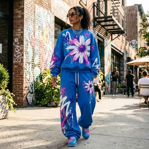 Ensemble de survêtement pour femmes, bleu, motif floral graffiti, sweat-shirt oversize, pantalon large, streetwear, mode décontractée, tenue en deux pièces - Product Image 6