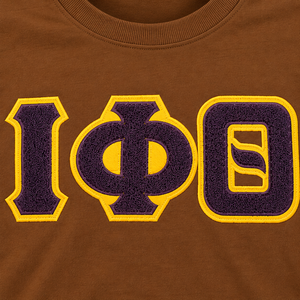 T-shirt marron pour homme Iota Phi Theta, broderie de lettres grecques or et violet, col rond, manches courtes, en coton, décontracté, pour fraternité - Product Image 6