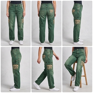 Women's <b>High</b> <b>Waist</b> <b>Cargo</b> Jeans Green Denim Loose Fit Vintage Utility Style Full Length Stonewashed With Letter Pockets - Product Image 5