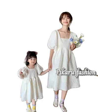 Mom And Baby Dress Puff Short Sleeve Casual Embroidered Mommy And Me Clothes Mother Daughter Frocks