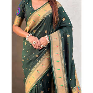 Sari en tissu Paithani Zari tissé en vert bouteille, écharpe ethnique, châle - Product Image 3