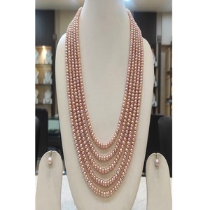 Conjunto de Collar y Aretes de Perlas de Imitación de Agua Dulce Chapadas en Oro Rosa de Primera Calidad, Grado AA, 5 Filas, Moderno para Mujer - Product Image 1